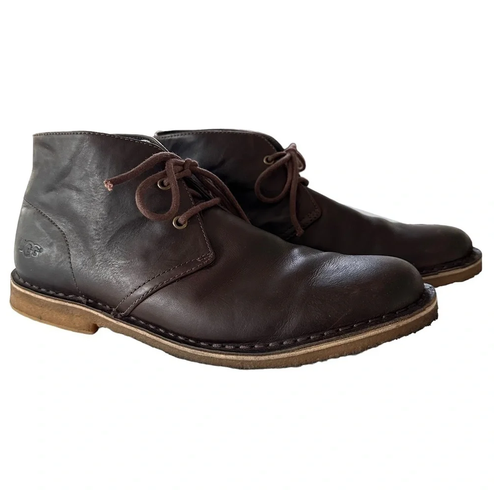 UGG LEIGHTON BROWN LEATHER CHUKKA LACE UP BOOTS SIZE 8